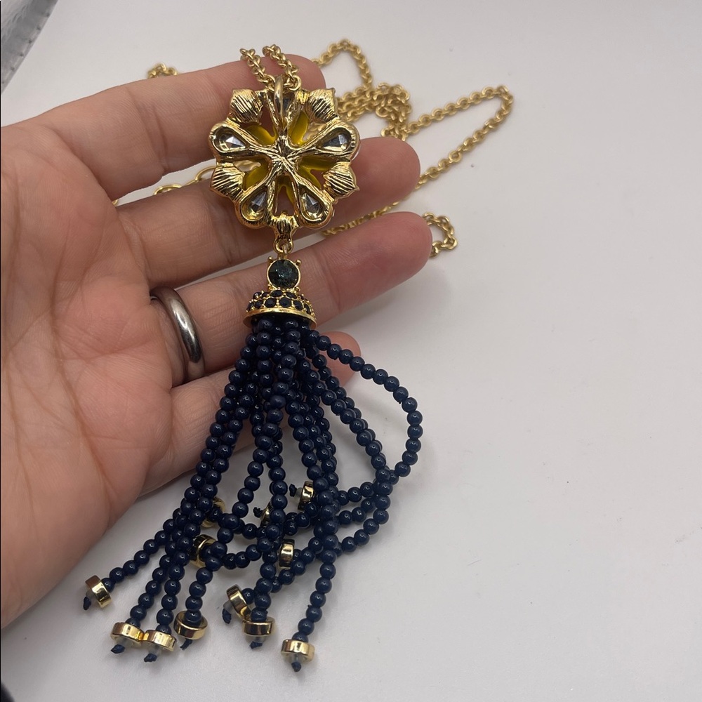 Gold and Blue Beaded Tassel Necklace Talbots - Picture 5 of 6